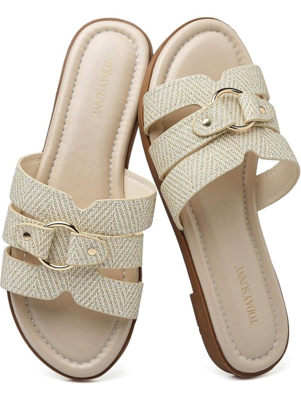 Women's Beige Leather Summer Comfortable Open Toe Slip On Beach Flat Sandals